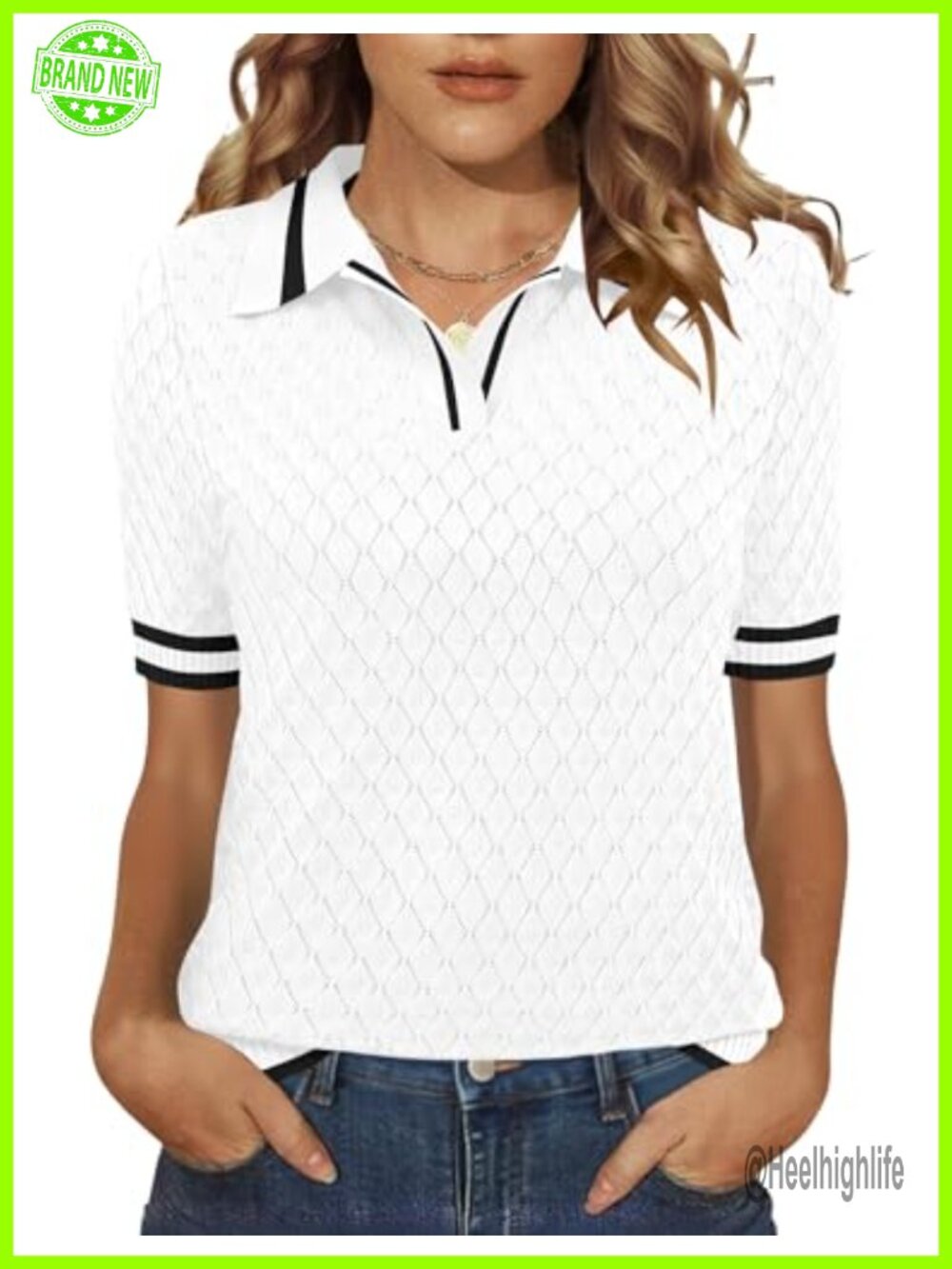Womens Short Sleeve Knit Polo Sweater V-Neck Pullover Top